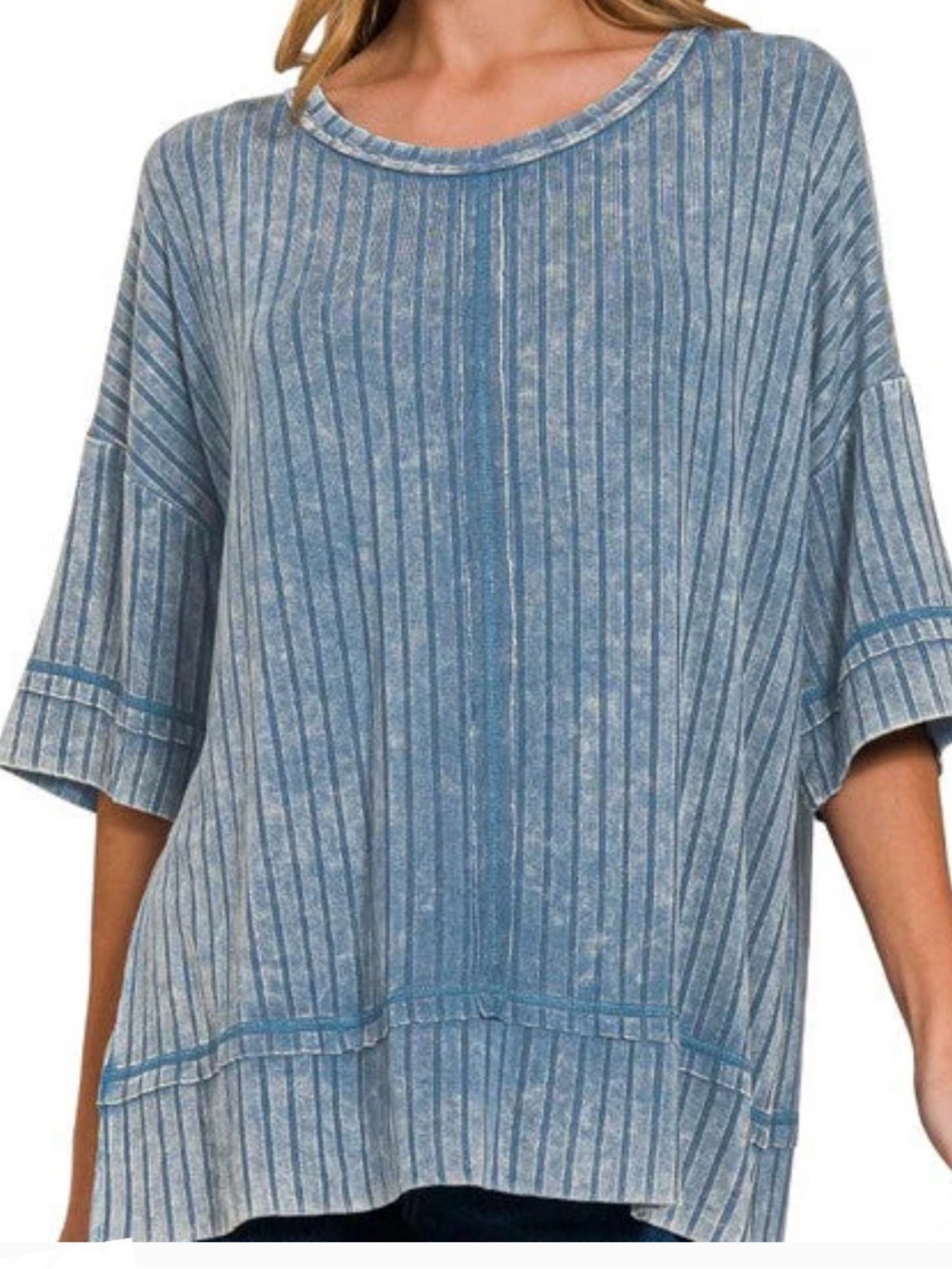 Zenana Blue Ribbed Tie-Dye Short Sleeve Top L/XL NWOT